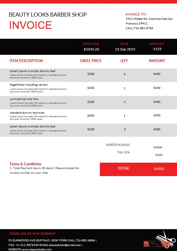 Barbershop Invoice Template PSD template